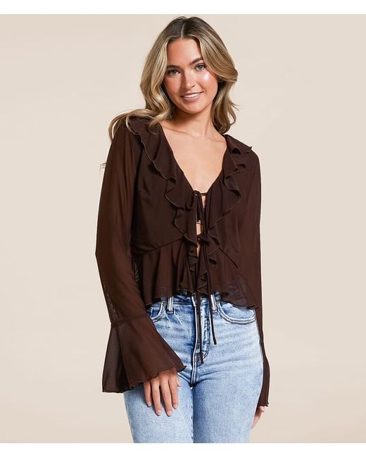 Willow & Root Brown Ruffle Mesh Cropped Top