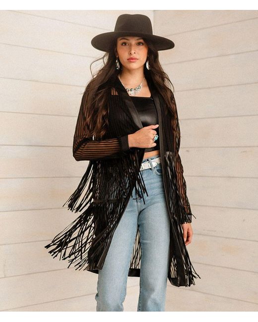 Sterling & Stitch Black Pleather Fringe Mesh Kimono