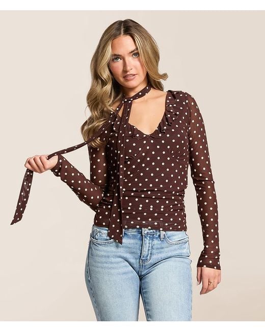 Willow & Root Red Polka Dot Mesh Top With Detachable Scarf