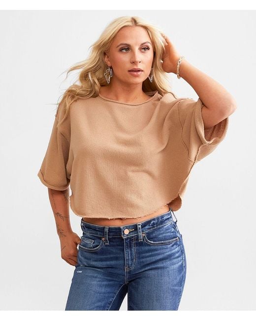 BKE Blue Raw Edge Cropped Top