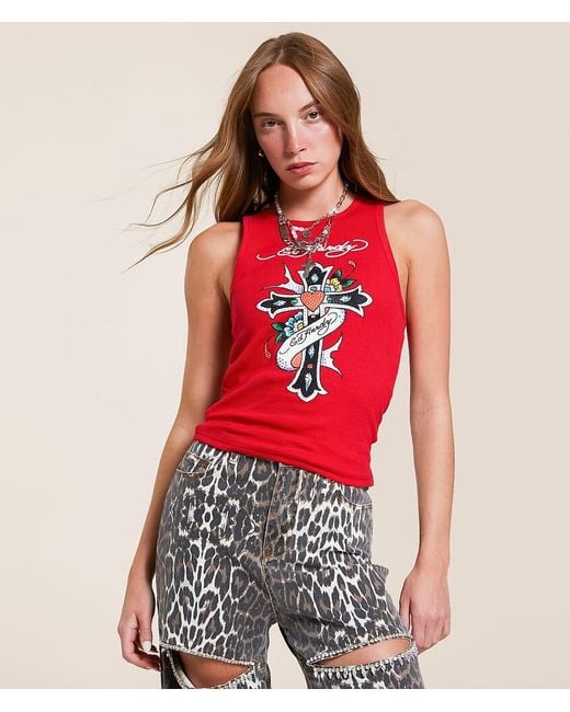 Ed Hardy Cross Tank Top in Red | Lyst