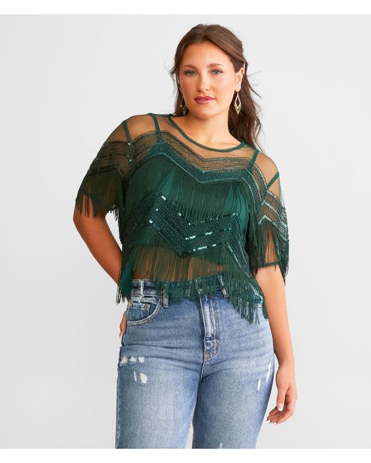 Miss Me Green Embellished Mesh Cropped Top