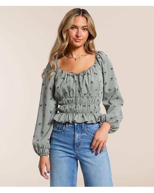 Willow & Root Blue Embroidered Houndstooth Top