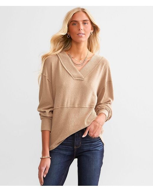 BKE Blue Pieced Raw Edge Top