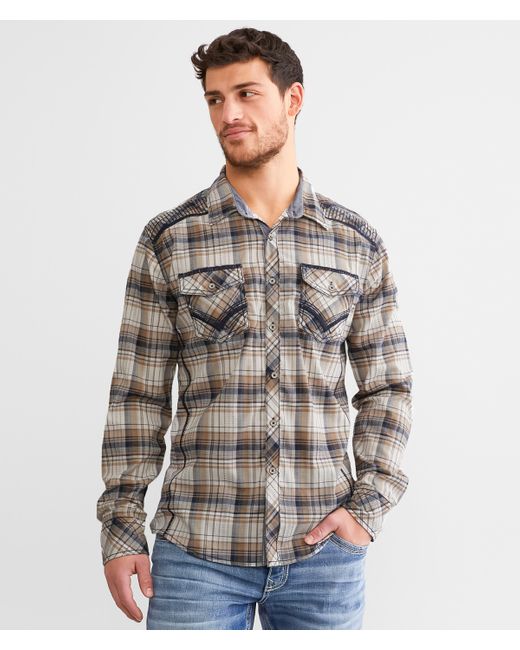 Buckle Black Brown Plaid Athletic Stretch Shirt for men