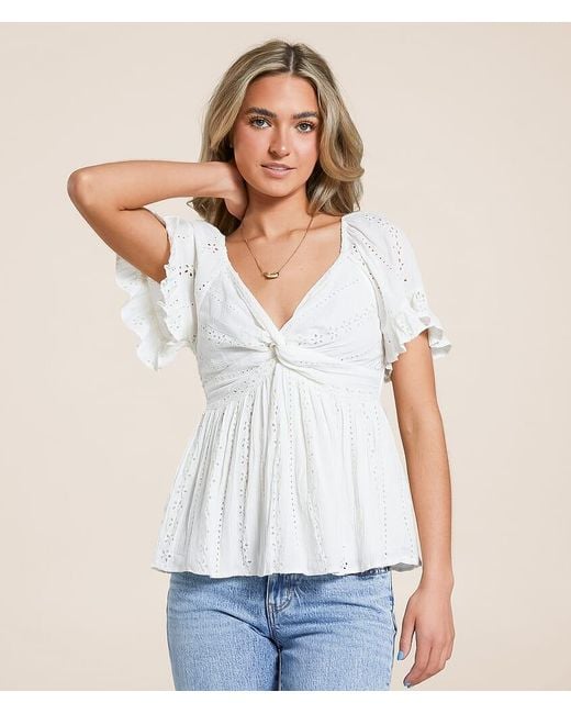Angie White Twisted Eyelet Top