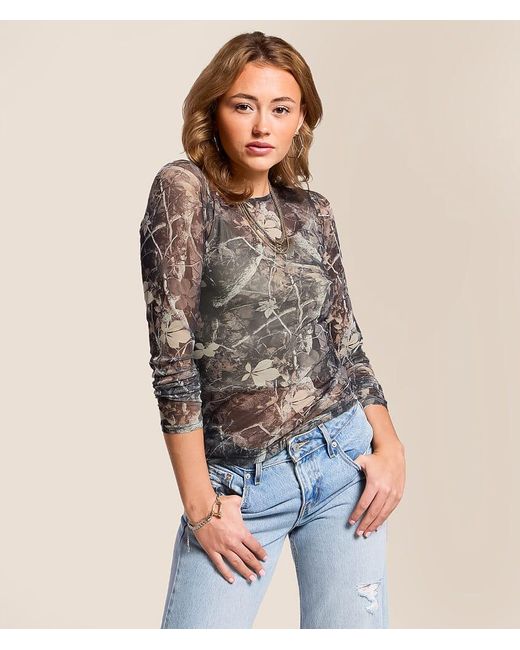 Gilded Intent Gray Camo Mesh Top