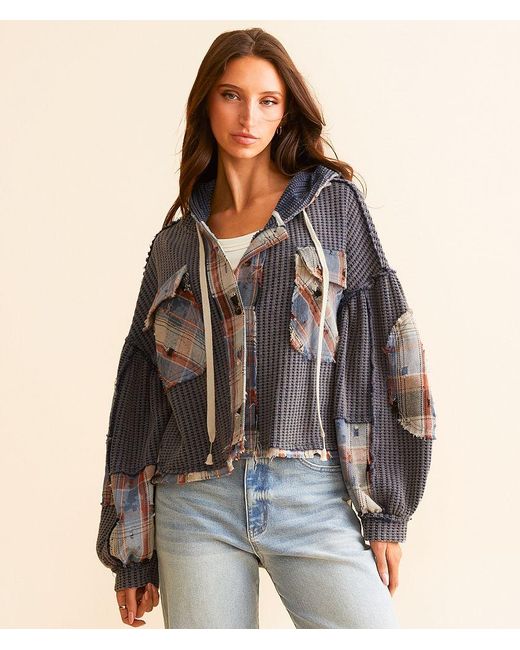 Pol Brown Pieced Plaid Hooded Shacket