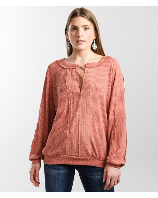 Daytrip Lace Textured Rib Knit Top In Pink Lyst