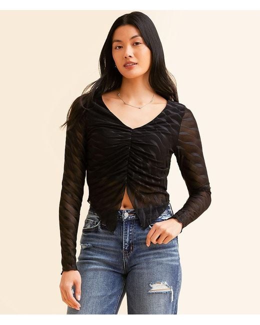 Willow & Root Black Ruched Mesh Cropped Top