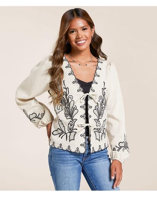 Willow & Root Natural Embroidered Front Tie Top