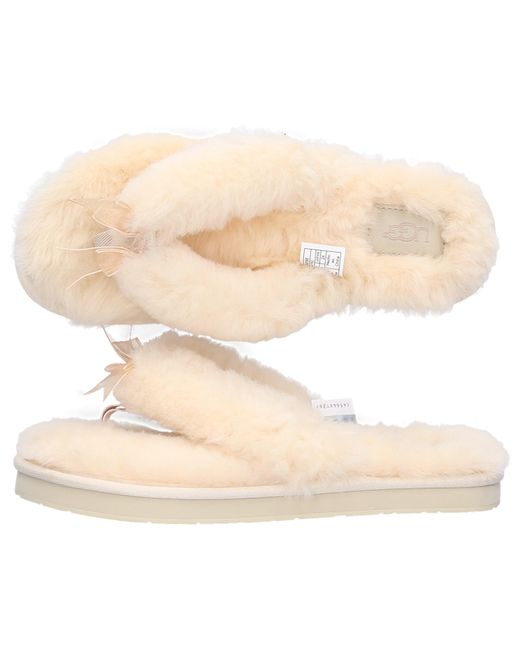 UGG Hausschuhe Fluff Flip Flop Lamb Fur Logo Ribbon Beige in Natural - Lyst