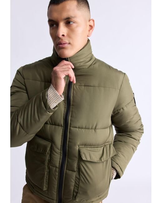 Buffalo David Bitton Green Buffalo Jeans Nate Zip-Up Puffer Jacket With Large Front Pockets, Army for men