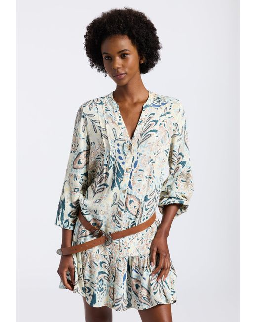 Buffalo David Bitton White Buffalo Jeans Darya Boho-Print Long-Sleeve Tiered Short Dress