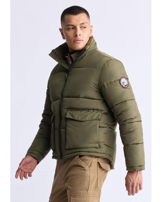 Buffalo David Bitton Green Buffalo Jeans Nate Zip-Up Puffer Jacket With Large Front Pockets, Army for men