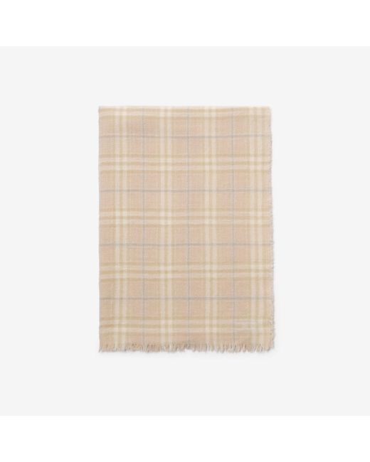 Burberry Natural Wide Embellished Check Wool Silk Blend Scarf