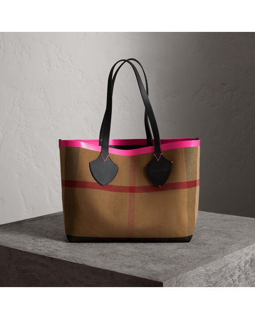 Burberry Black/Neon Pink Canvas And Leather XL Reversible Tote Burberry