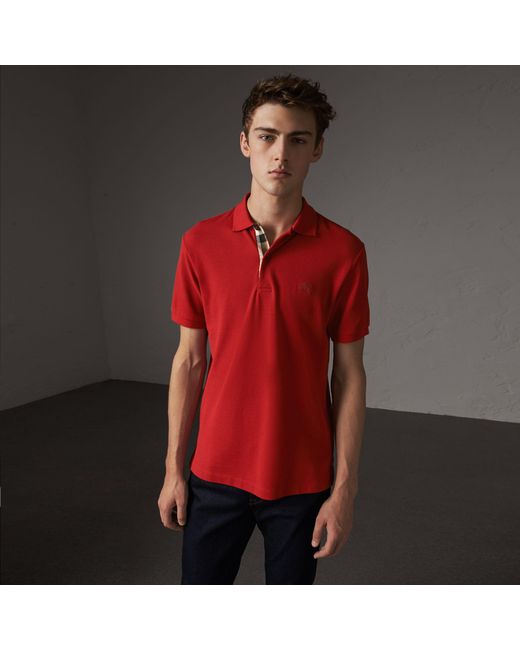 Burberry Multicolor Check Placket Cotton Piqué Polo Shirt Military Red for men