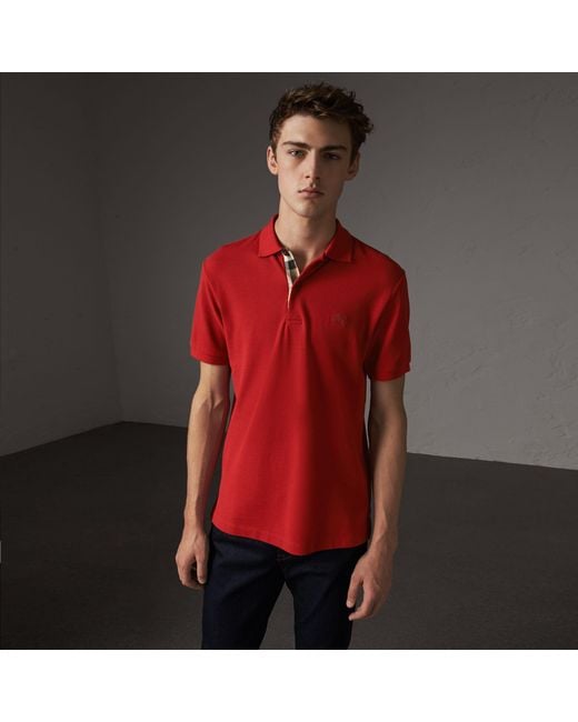 Burberry Multicolor Check Placket Cotton Piqué Polo Shirt Military Red for men