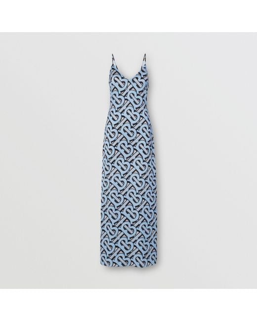 Burberry Monogram Print Silk Satin Slip Dress in Blue