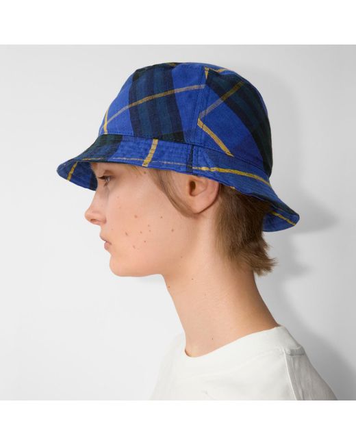 Burberry Blue Check Linen Bucket Hat for men