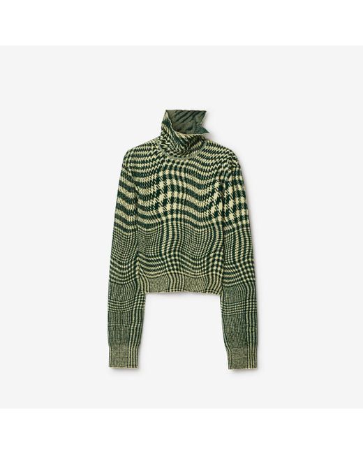 Burberry Green Warped Houndstooth Wool Blend Sweater