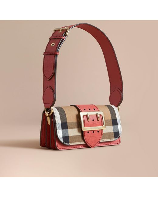 Burberry Multicolor The Small Buckle Bag In House Check And Leather Cinnamon Red