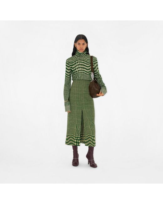 Burberry Green Warped Houndstooth Wool Blend Sweater