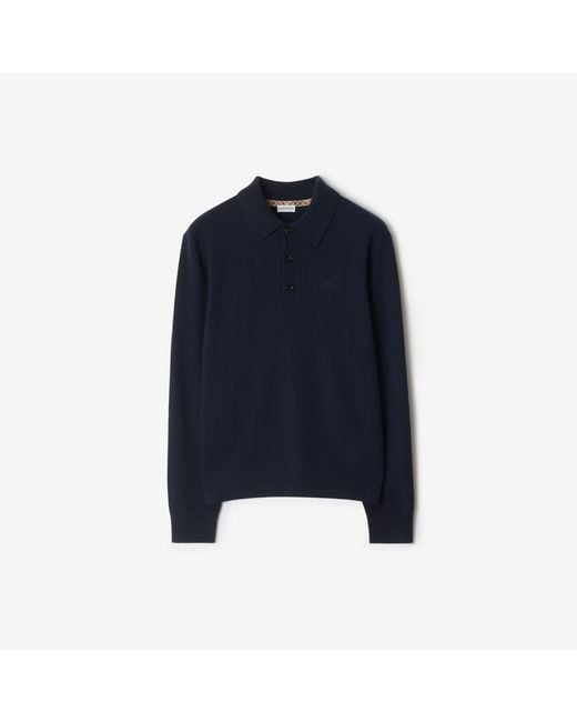 Burberry Blue Long-Sleeve Cashmere Blend Polo Shirt for men