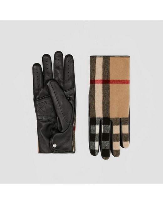 Burberry Exaggerated Check Wool And Leather Gloves in Black for Men | Lyst