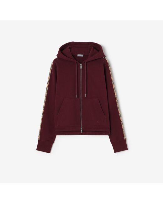 Burberry Red Check Trim Cotton Zip Hoodie