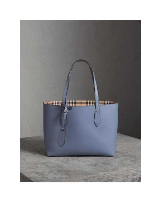 Burberry The Small Reversible Tote In Haymarket Check And Leather Slate Blue