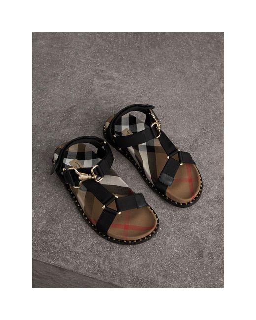 Burberry Black House Check Strappy Sandals With Hardware Detail