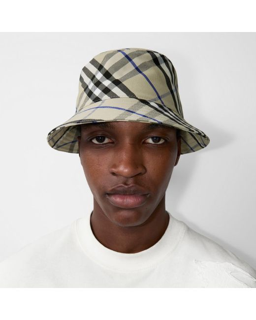 Burberry White Check Cotton Blend Bucket Hat for men