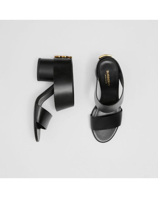 Burberry Monogram Motif Leather Block-heel Sandals in Black | Lyst