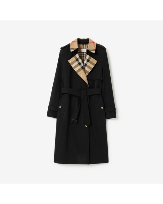Burberry Black Long Check Collar Gabardine Trench Coat