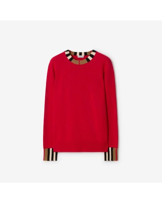 Burberry Red Icon Stripe Trim Wool Cashmere Sweater
