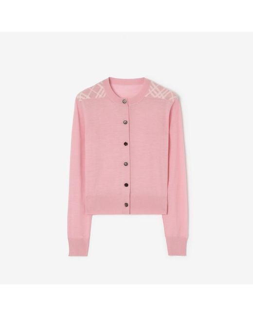 Burberry Pink Check Panel Wool Silk Cardigan