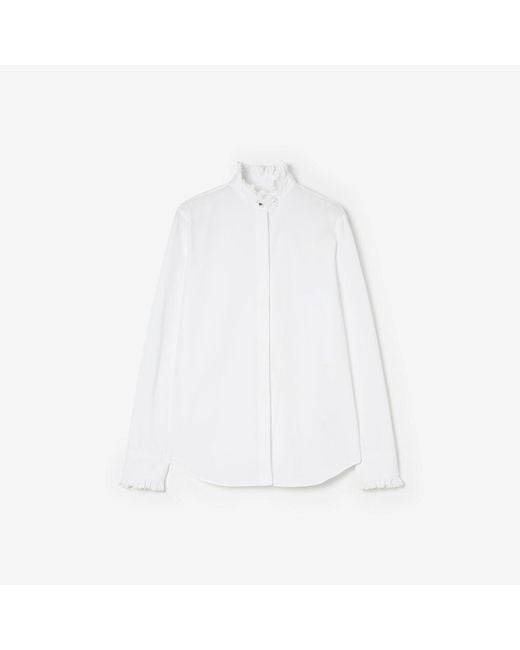 Burberry White Classic Fit Ruffled Cotton Poplin Shirt
