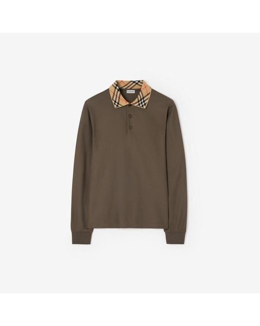 Burberry Green Long-Sleeve Check Collar Cotton Polo Shirt for men