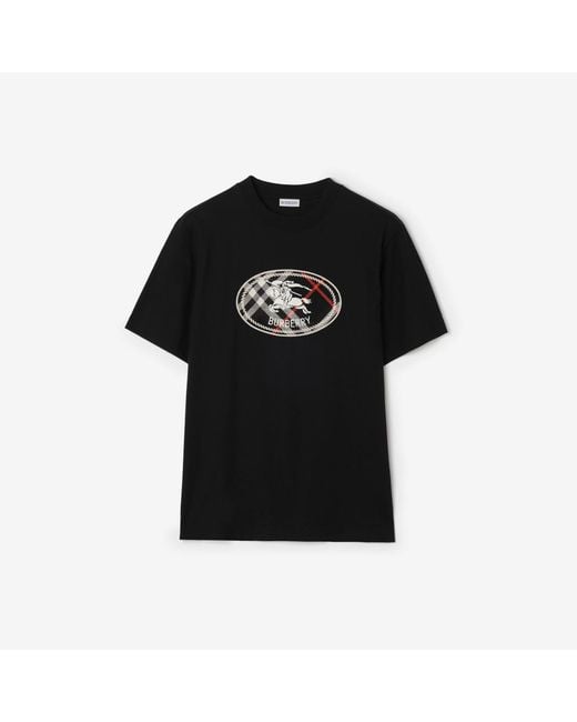 Burberry Black Check Knight Stamp Cotton T-Shirt for men