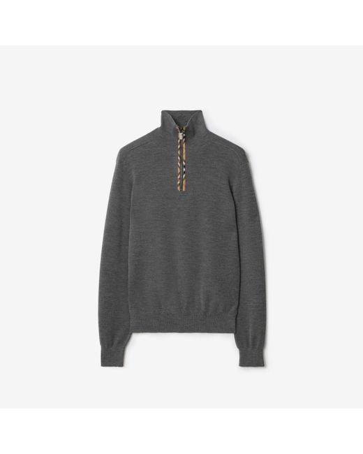 Burberry Gray Check Trim Wool Half-Zip Sweater for men