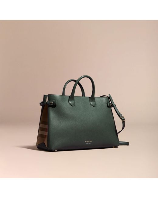 Burberry The Large Banner In Leather And House Check Dark Bottle Green