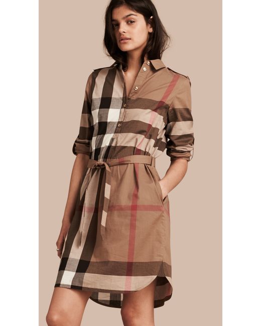 Burberry Check Cotton Shirt Dress in Taupe Brown (Brown) | Lyst