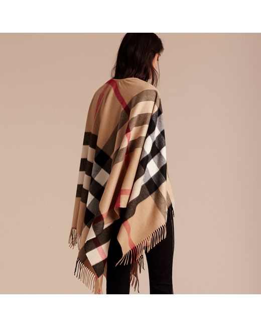 Burberry Check Cashmere And Wool Poncho Camel in Brown | Lyst