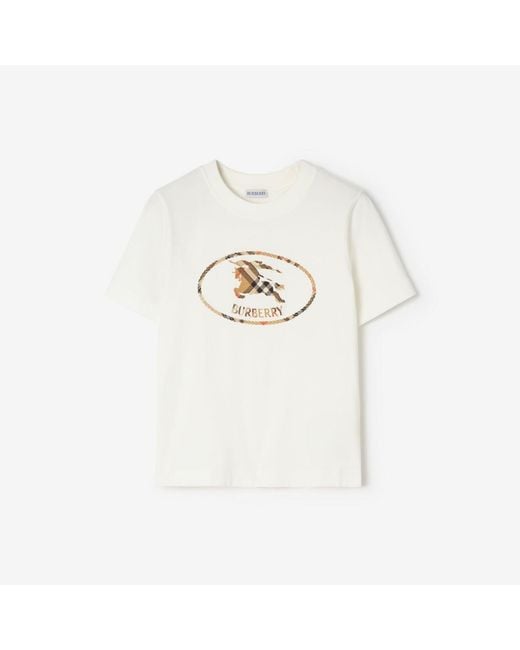 Burberry White Check Knight Stamp Cotton T-Shirt