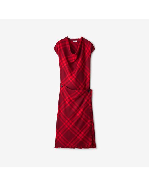 Burberry Check Capsleeve Fringeedge Wrap Wool Dress in Red Lyst