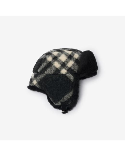 Burberry Black Check Wool Trapper Hat for men