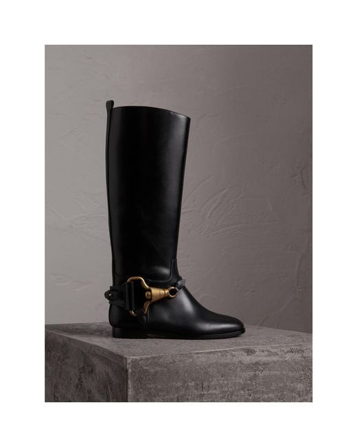 Burberry Black Equestrian Detail Leather Riding Boots