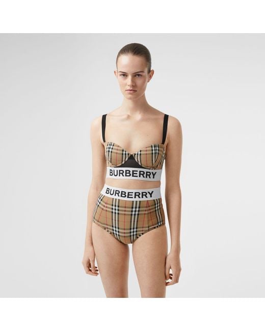 Burberry Natural Bikinioberteil mit Vintage Check-Muster und Logostreifen